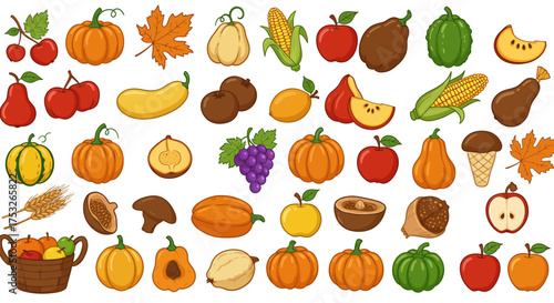 Colorful autumn harvest: fruits, vegetables, and leaves collection in cartoon…