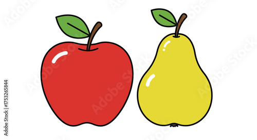 Colorful cartoon apple and pear with green leaves