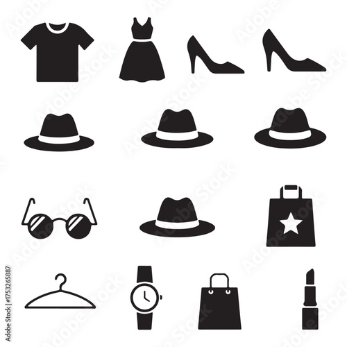 A curated assortment of black silhouette icons representing various fashion items and accessories, including clothing, footwear, headwear, eyewear, and beauty products, all presented clearly on a whit