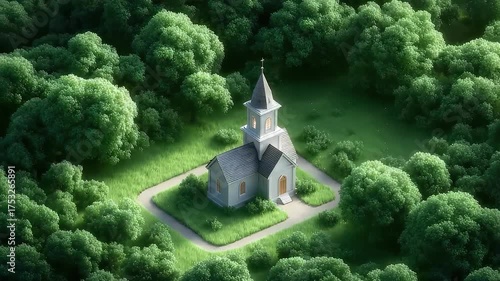 A Serene Church Surrounded by Forest from an Overhead View