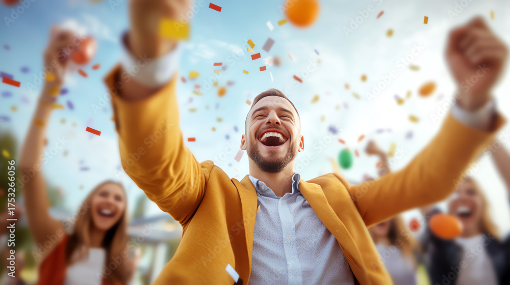 Fototapeta premium A joyful celebration capturing a group of friends laughing and enjoying colorful confetti, embodying happiness and togetherness.