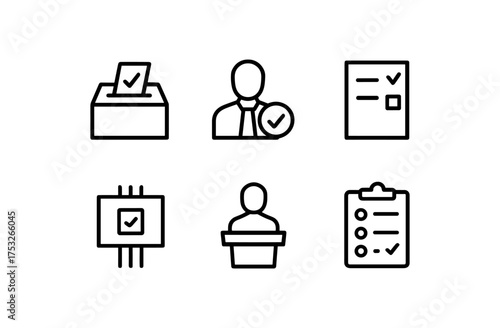 Minimalist voting icons set: ballot, candidate, checklist, chip, podium, clipboard
