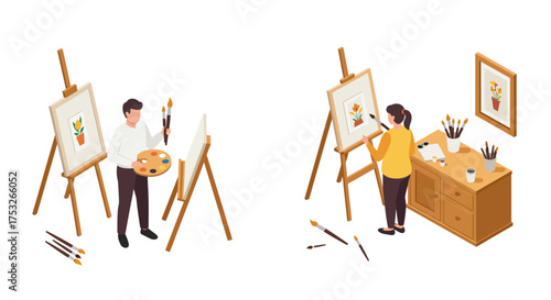 Isometric art studio scene with painters creating floral paintings on canvas