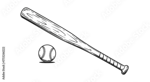 Hand drawn baseball bat and ball sketch on white background