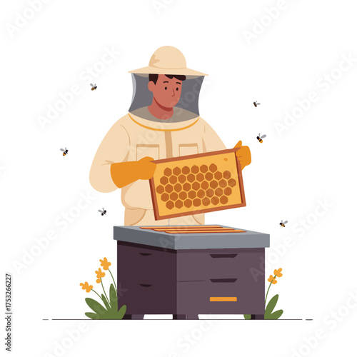Beekeeper in protective gear inspects honeycomb near a hive