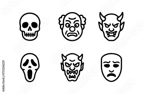 Minimalist line art faces: skull, angry, devil, scream