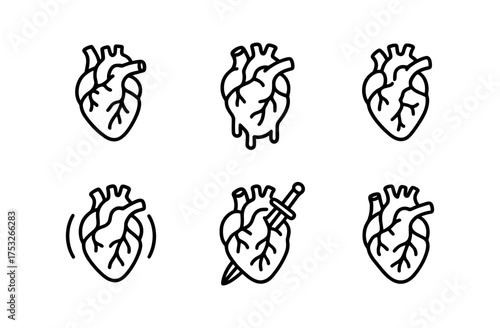 Set of linear heart icons with doodle and emotive variations