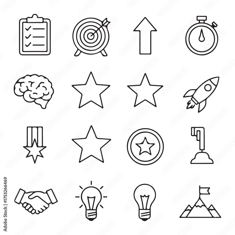 Fototapeta premium A collection of flat design icons representing business, success, and goals, including a clipboard, target, upward arrow, stopwatch, brain, stars, rocket, medal, handshake, lightbulb, and mountain pea