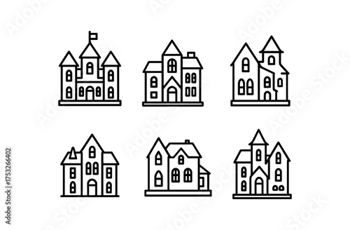 Linear icon set of classic mansions and castles