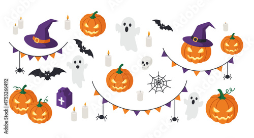 Halloween festival elements: pumpkins, ghosts, bats, and candles in flat style