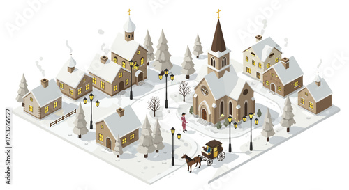 Cozy winter village scene with snowy church and houses in isometric style