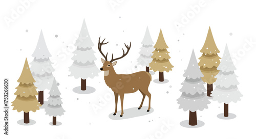 Isometric winter scene with deer among snowy pine trees