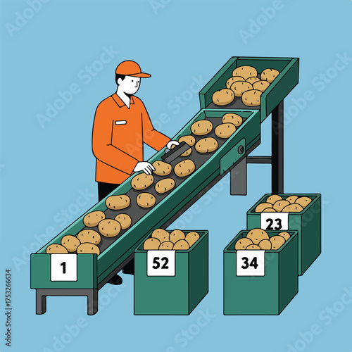 Worker sorts potatoes on a conveyor belt into numbered bins