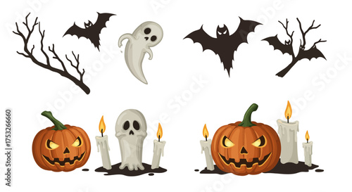 Spooky halloween elements with pumpkins, ghost, bats, and candles