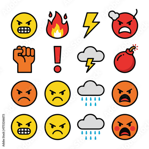 A grid of various angry emojis and symbols representing negative emotions like rage, fury, and frustration. Includes icons such as a fist, bomb, fire, lightning, and storm clouds.