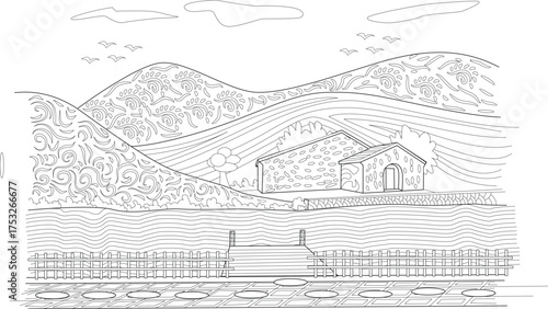 Rustic countryside landscape with a farmhouse by the water, featuring decorative hills and flying birds, ideal for coloring and design projects.