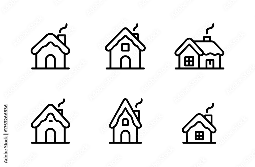 Fototapeta premium Simple winter house icons with chimneys and snow roofs in minimalist style