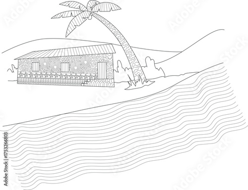 Hand-drawn intricate line art featuring a picturesque riverside house, a tropical palm tree, and a tranquil landscape.