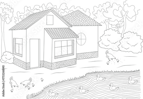 Tranquil countryside scene featuring a house by the river with chickens and ducks, an outline drawing for coloring or illustration.