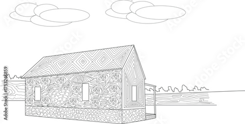 Intricate black and white line art illustration of a house adorned with elaborate floral and geometric patterns, designed for adult coloring, creative projects, or decorative applications.