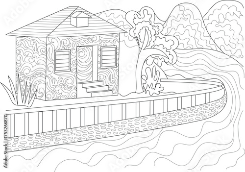 Intricate Line Art of a Riverside House with Mountains and Trees, Ideal for Adult Coloring Books. Hand-Drawn Sketch for Relaxation and Creative Hobbies, Featuring Rustic Scenery and Water.