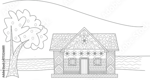 Detailed black and white outline drawing featuring an ornate riverside house and a unique tree, ideal for coloring activities and art projects.