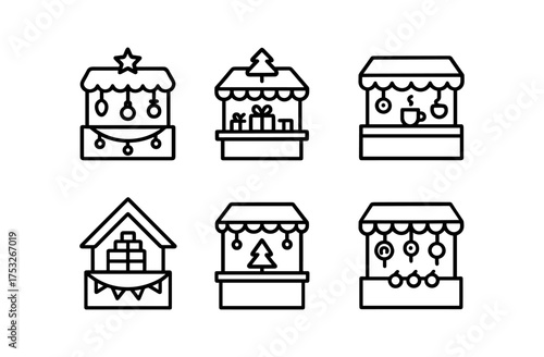 Set of linear christmas market stalls with decorations and gifts