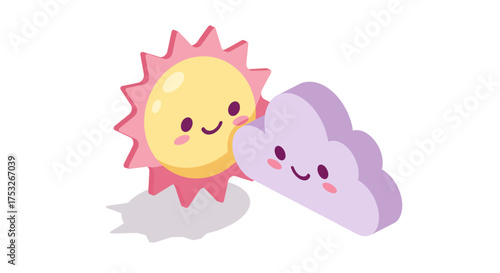 Cheerful sun and cloud in cute 3d style with smiling faces for children's design