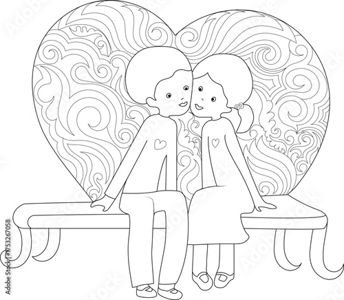 Romantic Couple on a Bench with Ornate Heart Backdrop Line Art. Black and White Coloring Page for Valentine's Day, Anniversaries, Love, and Relationship Themes for Kids and Adults.