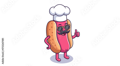 Cool hotdog character with chef hat and sunglasses giving thumbs up