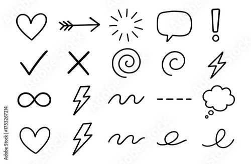 Hand drawn doodle symbols: arrows, hearts, and more in black and white