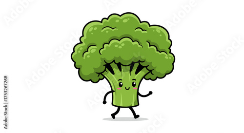 Cute cartoon broccoli walking with happy expression on white background