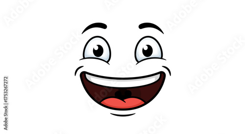 Cheerful cartoon face with wide smile and big eyes on white background