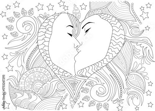 Adult Coloring Page: Romantic Kissing Faces Forming a Heart with Intricate Zentangle-Inspired Patterns, Swirls, Stars, and Doodle Art for Relaxation and Creativity