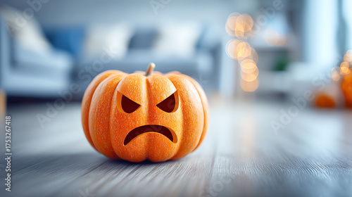 A quirky Halloween pumpkin with an angry face displayed in a cozy living room setting.