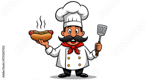 Cartoon chef holding hot dog with spatula in hand wearing white uniform and r…