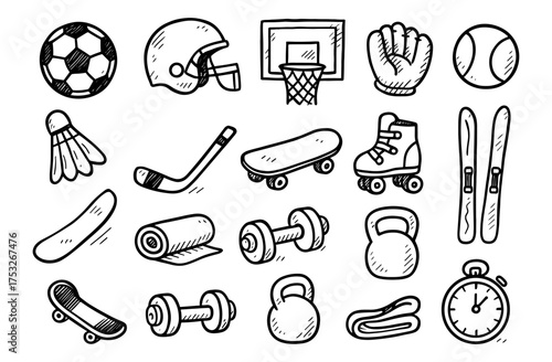 Hand-drawn sports equipment icons for active lifestyle designs