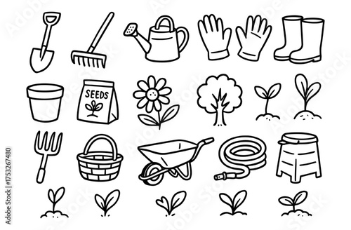 Hand drawn garden tools and plants doodle set for home gardening enthusiasts