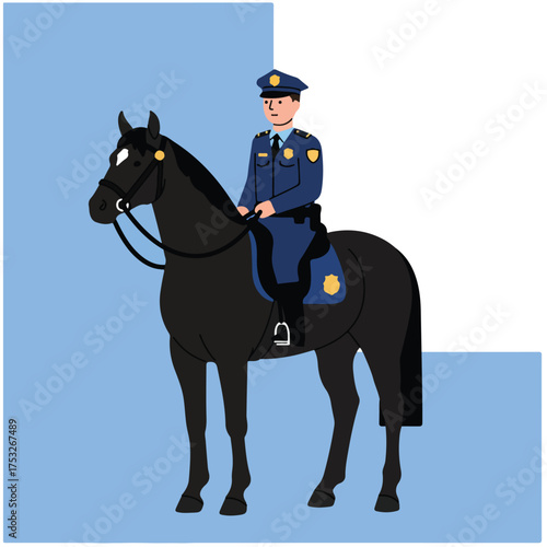 Flat illustration of a mounted police officer on a black horse against blue background