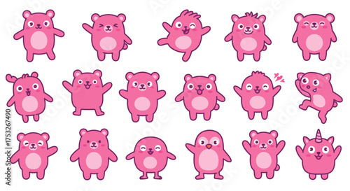 Adorable pink cartoon animals with expressive faces and playful poses