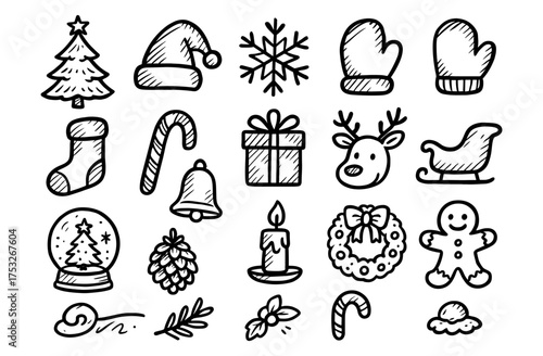Hand drawn christmas icons collection featuring festive holiday elements