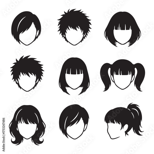 A curated collection of nine distinct black and white hairstyle icons, each representing a unique hair design, presented cleanly on a white background for versatile use.