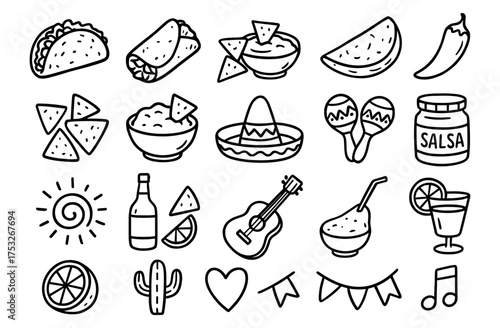 Mexican food doodles collection: tacos, nachos, sombrero, maracas, salsa, and more
