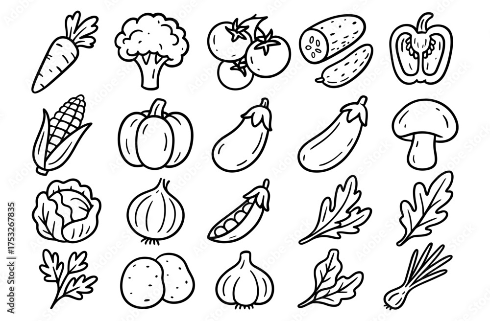 Fototapeta premium Hand drawn vegetable icons set featuring carrot, broccoli, and more in black outline style