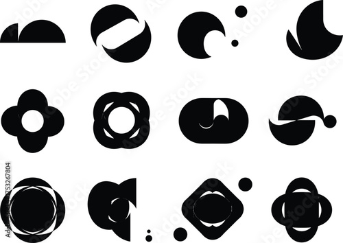 Abstract black shapes, minimalist design, geometric forms, modern art, visual pattern, high contrast, creative elements, logo inspiration, graphic composition, symmetry