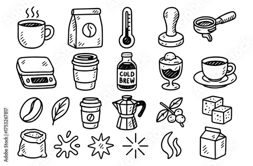 Hand-drawn coffee elements set with brewing tools and ingredients