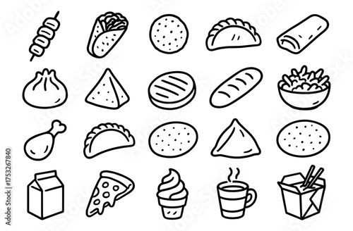 Hand drawn icon set of popular fast food snacks and dishes