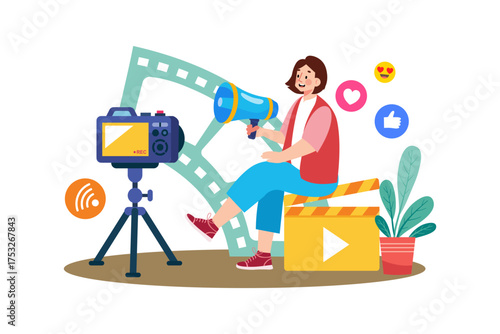 Content Creator with Camera, Megaphone, and Social Media