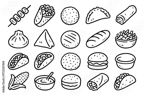 Black and white line art of international street food icons