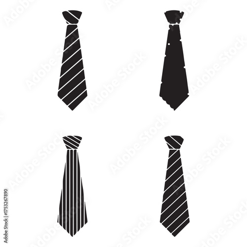 A collection of four distinct tie designs, each presented as a black silhouette against a clean white background, showcasing varied patterns and styles for formal wear.